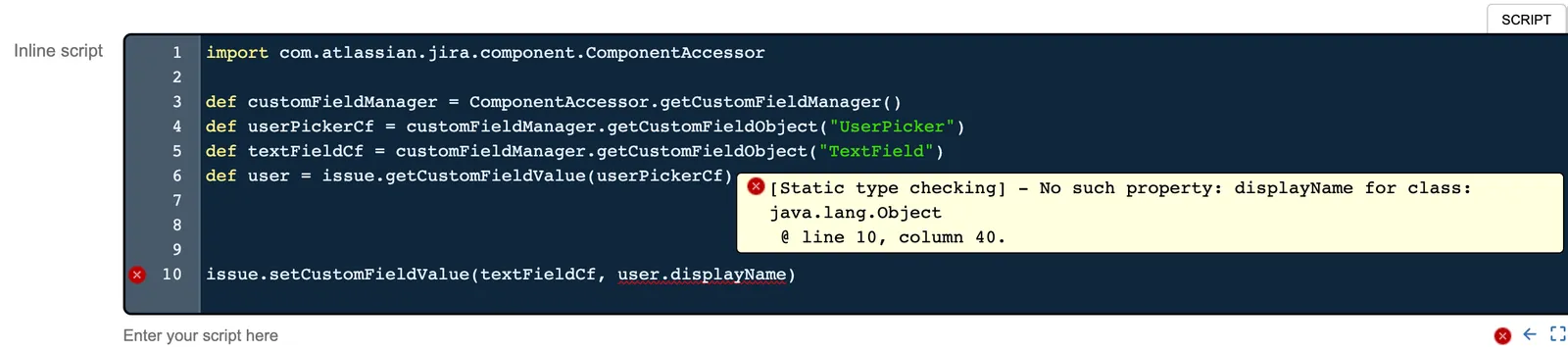 Script with type-checking errors highlighted