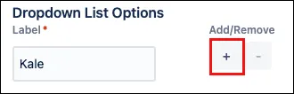 Form builder interface showing the Add list option button highlighted to add another dropdown choice.