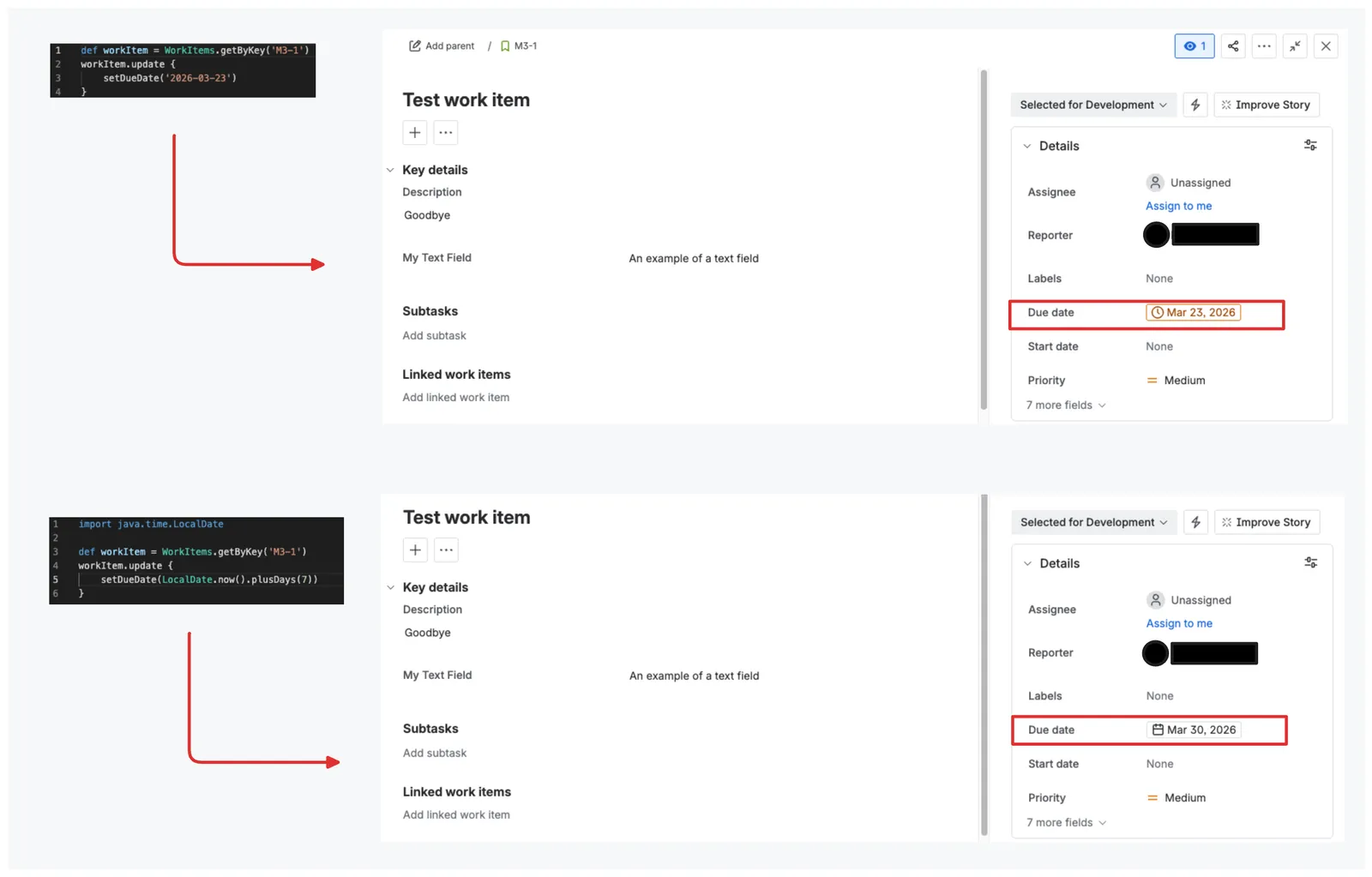 Script example showing how to update due date fields in Jira, including setting a specific date, copying from another work item, and adding seven days to the current date.