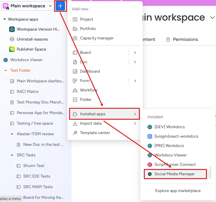 A screenshot showing how to navigate the menus to add Social Media Manager to your workspace.