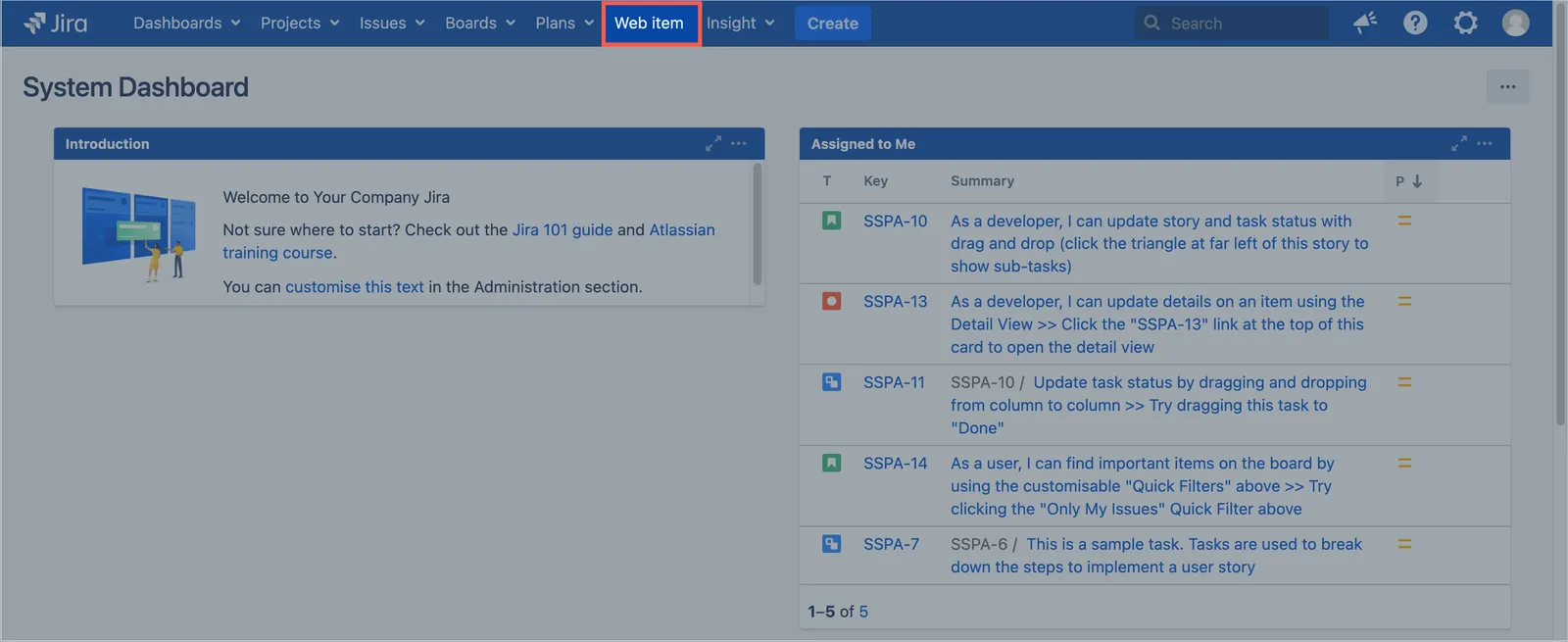Jira main menu with a custom button added to the top navigation bar at the system.top.navigation.bar location.