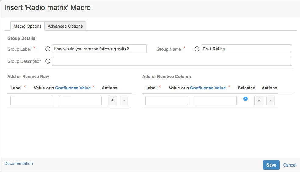 Radio Matrix macro configuration dialog showing the Label field and description text for the matrix.