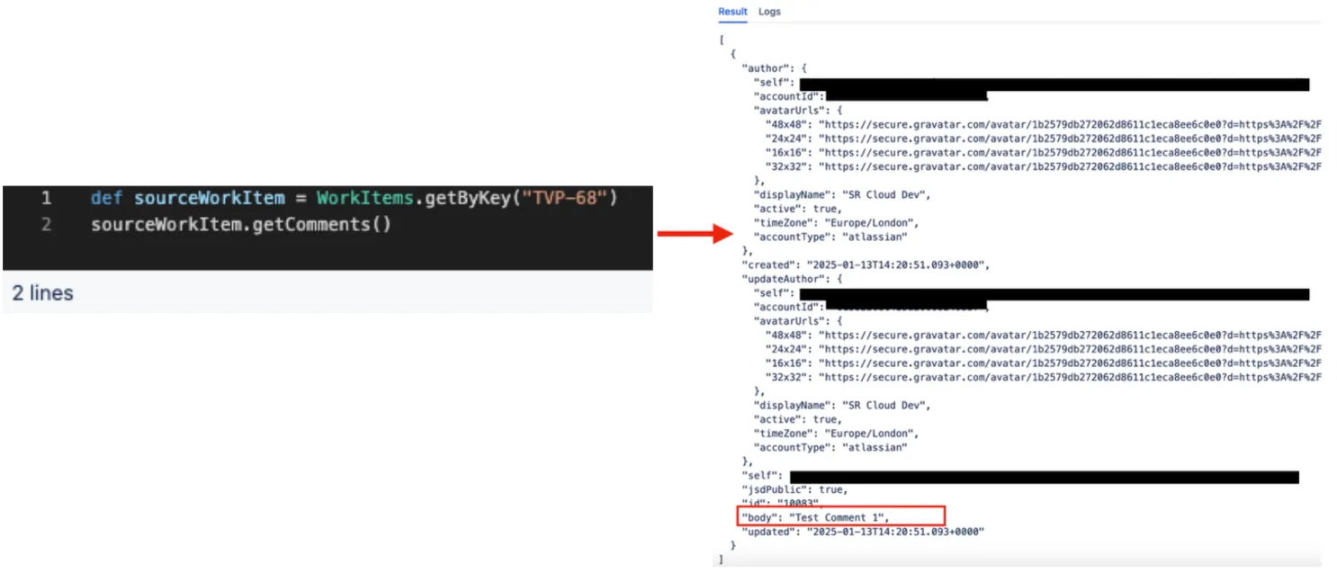 Example of retrieving all comments from a work item using the getComments function.