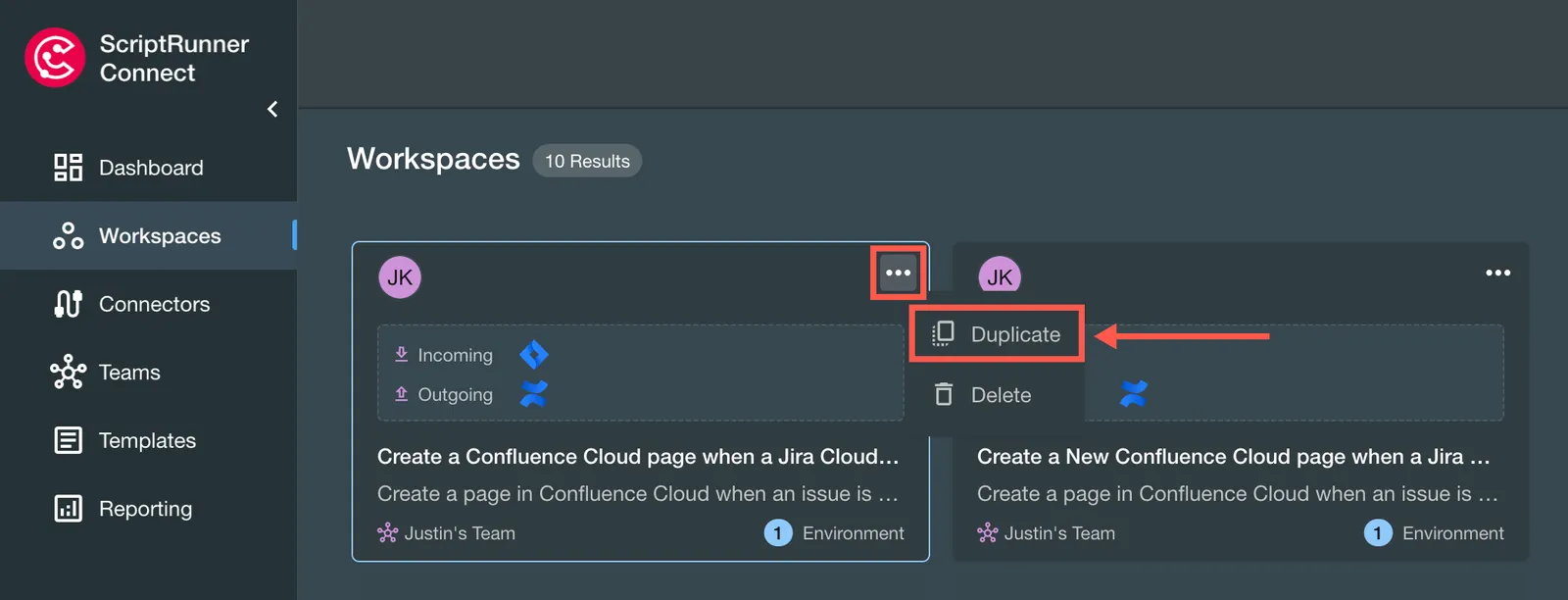 The ScriptRunner Connect app, open to the Workspaces dashboard, with the Duplicate option shown.
