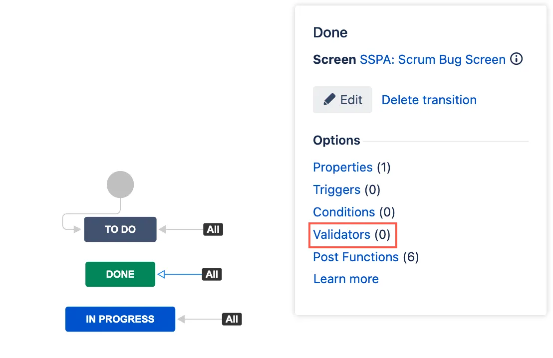 Workflow configuration screen with the Validators option selected under Options