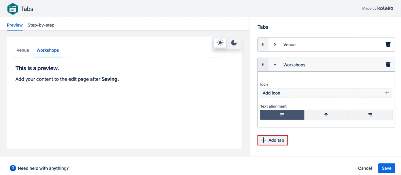 Add tab option within the Tabs section