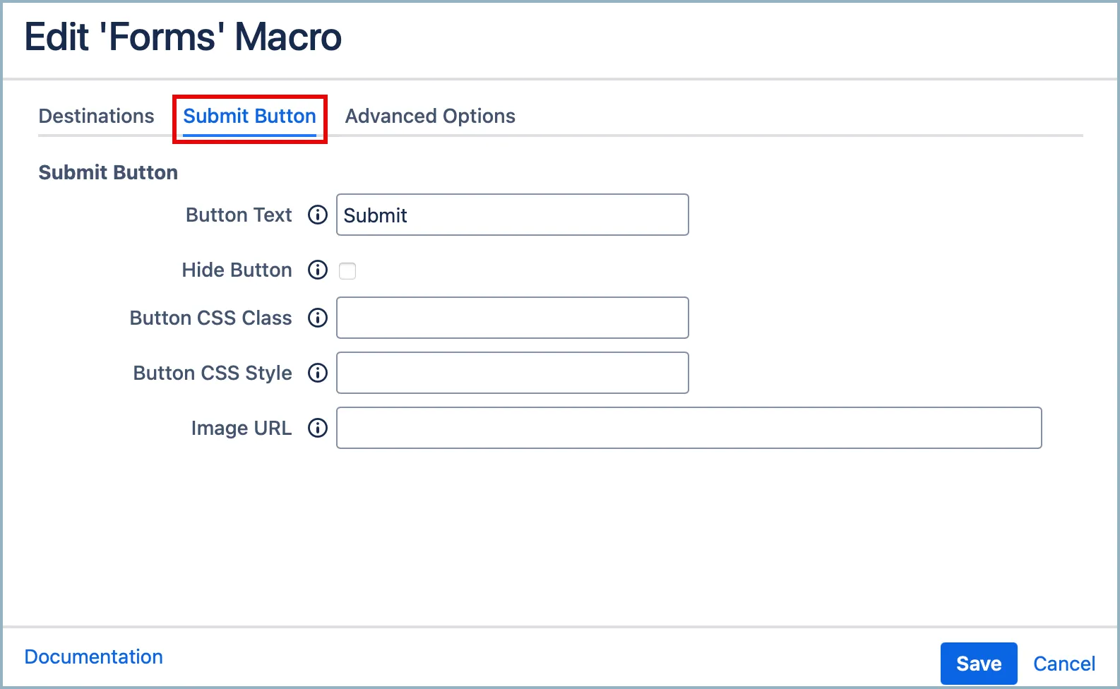 Submit Button tab options for customizing the form submit button appearance
