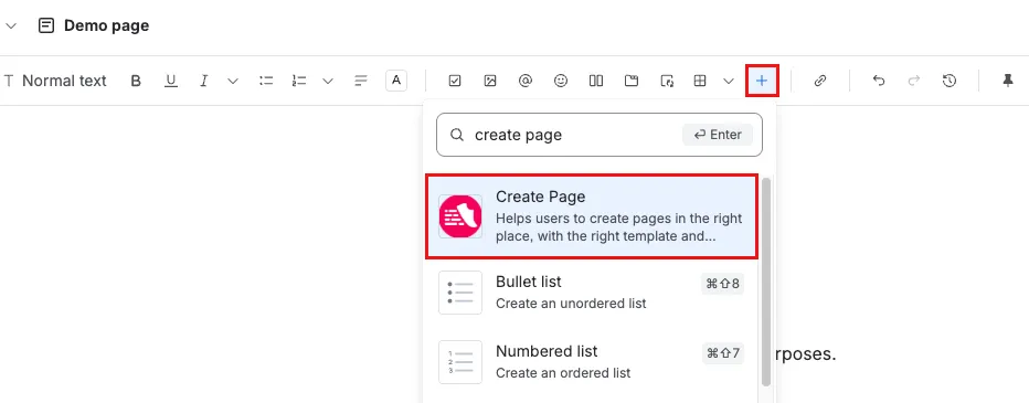 The Create Page macro in the insert menu.