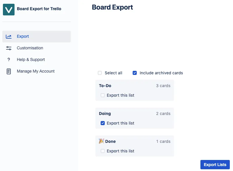 Board Export screen showing options to select lists, cards, and fields to include in the export