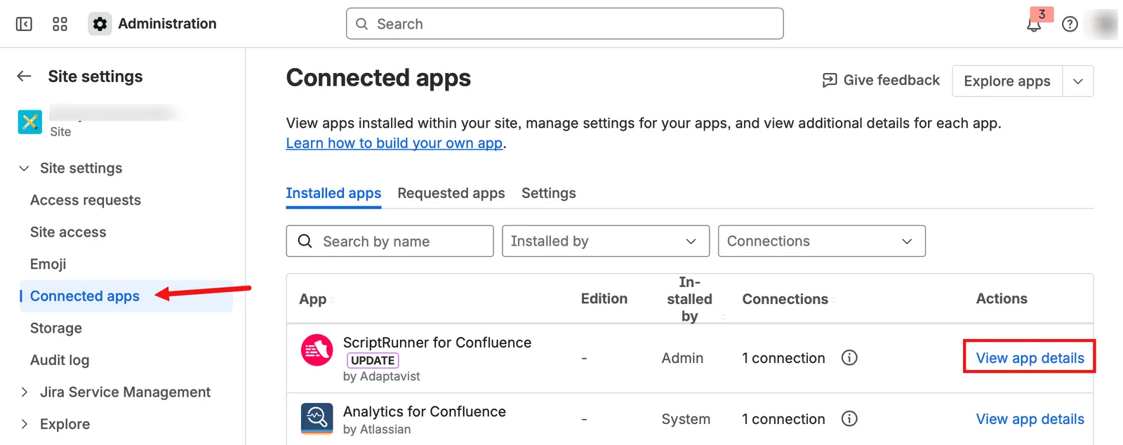 Connected apps page with selections highlighted