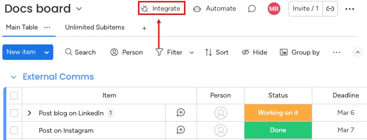 Click Integrate to open the Automation Center