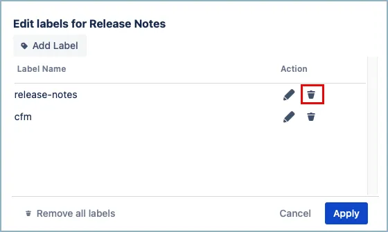 Page labels list with delete icon next to each label