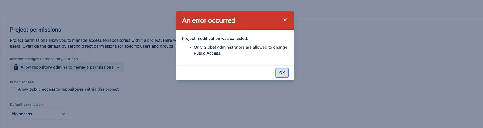 Image of project permissions error