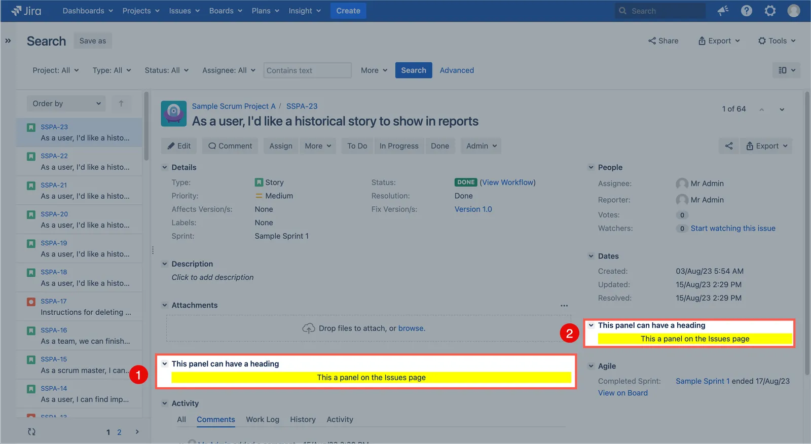 Jira Issue page screenshot showing two banner panel locations: one in the left context area and one in the right context area.
