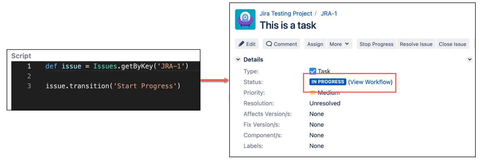 Jira issue screen showing the Start Progress transition being executed for issue ABC-1