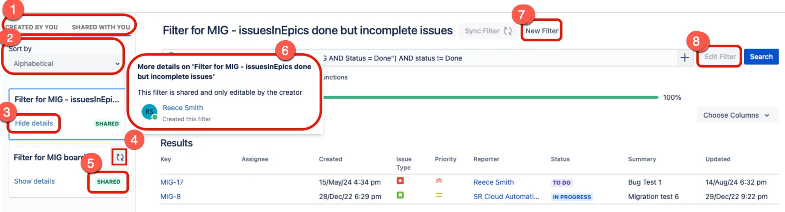 Saved filters page showing filter list, Created By You and Shared With You tabs, and controls to sort, view details, refresh, delete, and create filters.