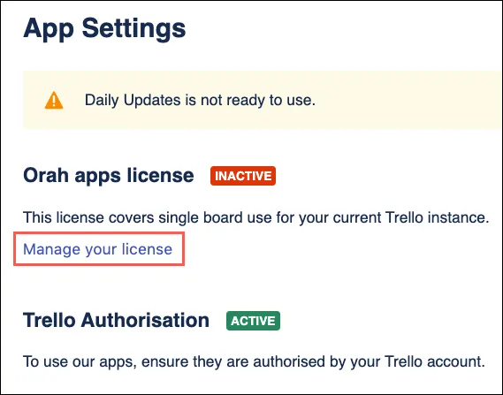 Orah apps license section with the Manage your license link highlighted