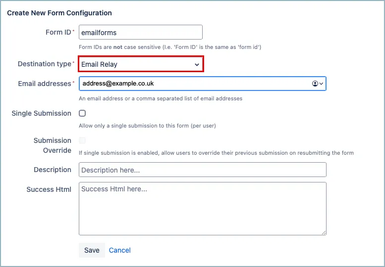 Confluence Forms for Confluence configuration screen showing Destination type set to Email Relay with email addresses entered