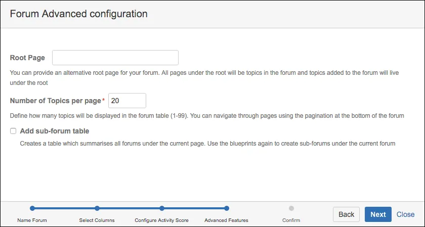 The Advanced Features screen in the Create from Template window.