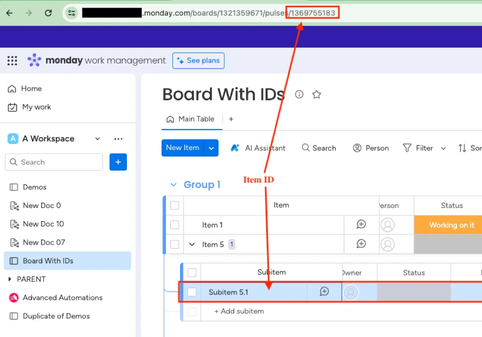 The associated item ID highlighted in the URL.