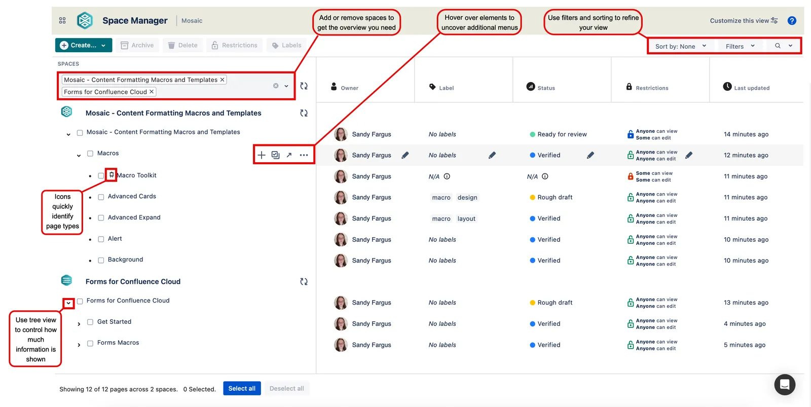Space Manager interface showing options to create, organize, and manage Confluence spaces and page hierarchies from a central view.