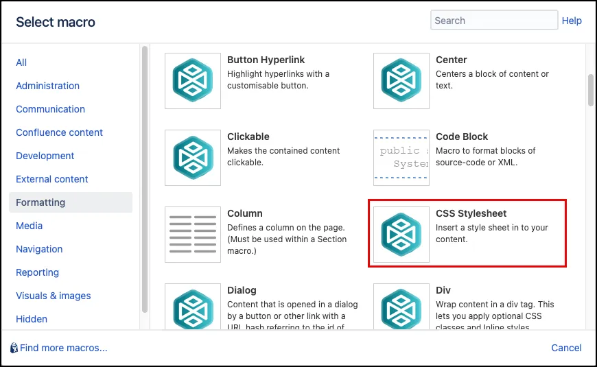 Macro Browser showing the CSS Stylesheet macro selected